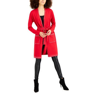 INC International Concepts XS Silver Studded Red Long Belted Cardigan NWT
